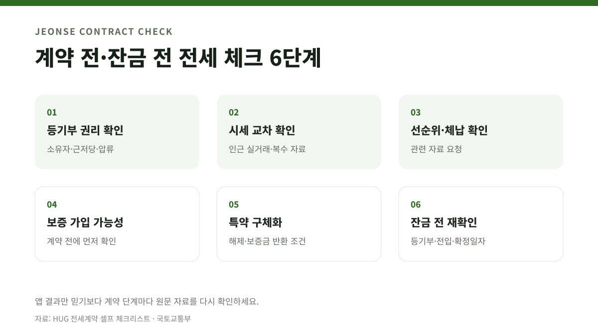 등기부 시세 선순위 보증 가입 특약 잔금 전 확인으로 구성된 전세계약 6단계 체크리스트